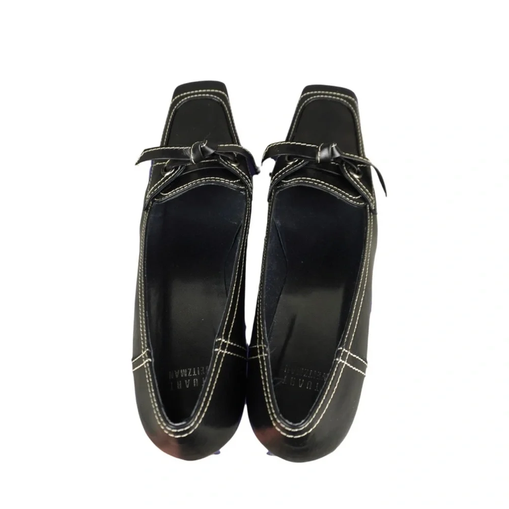 Stuart Weitzman Vtg Black Leather Square Toe Heels Size 9N Bow Tie Butler